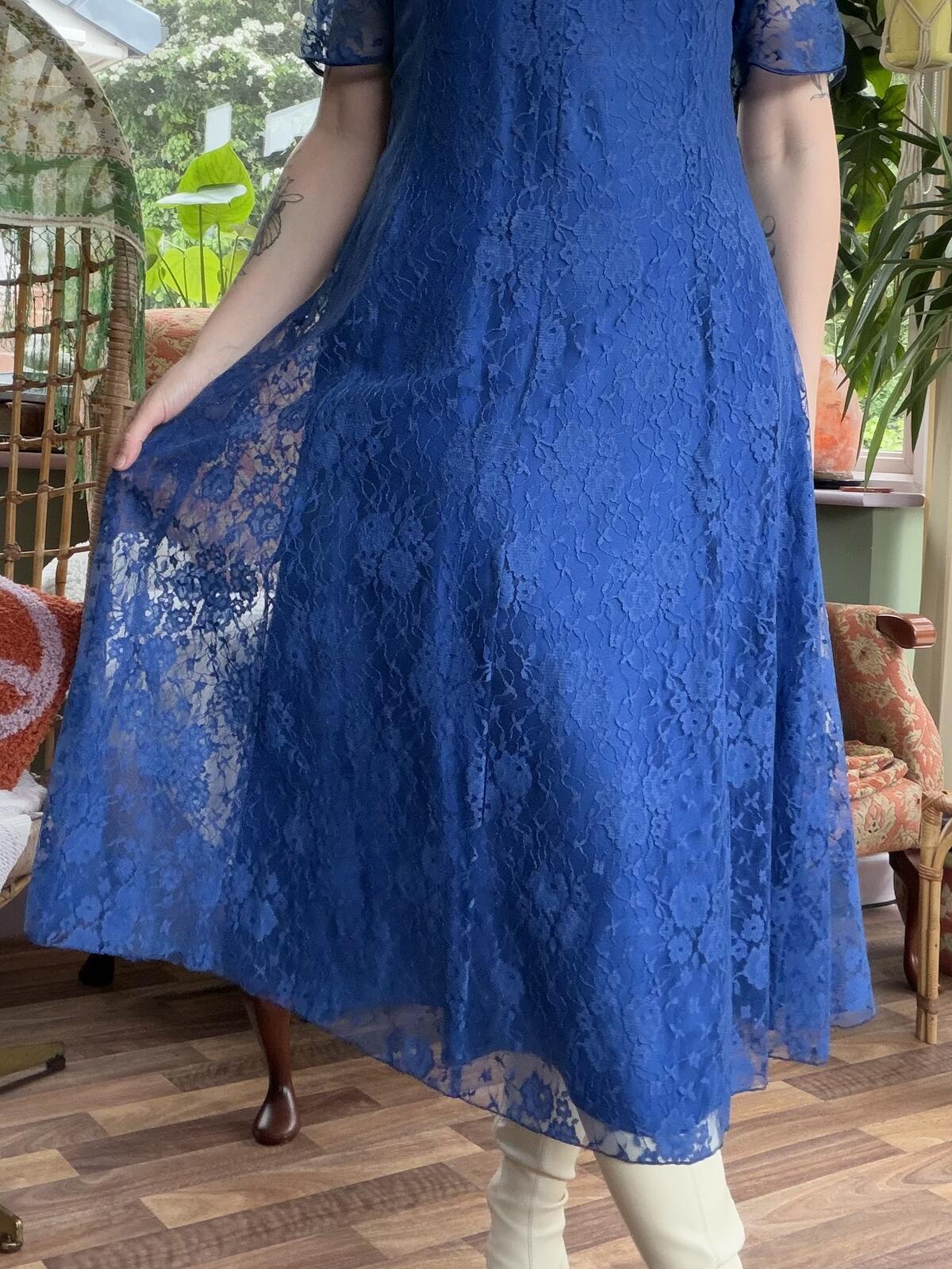 Vintage 1980s Party Dress Blue Lace Midi with V-Neck and Sheer Sleeves Size 16
