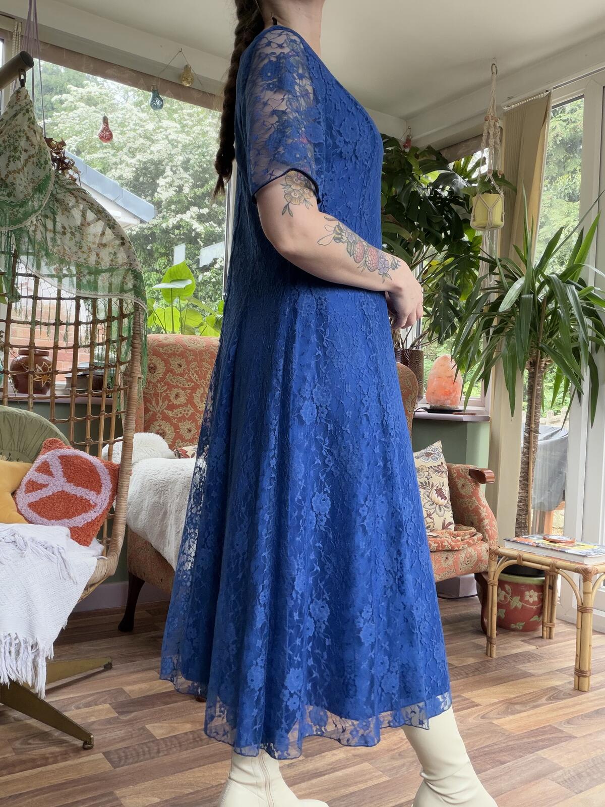 Vintage 1980s Party Dress Blue Lace Midi with V-Neck and Sheer Sleeves Size 16