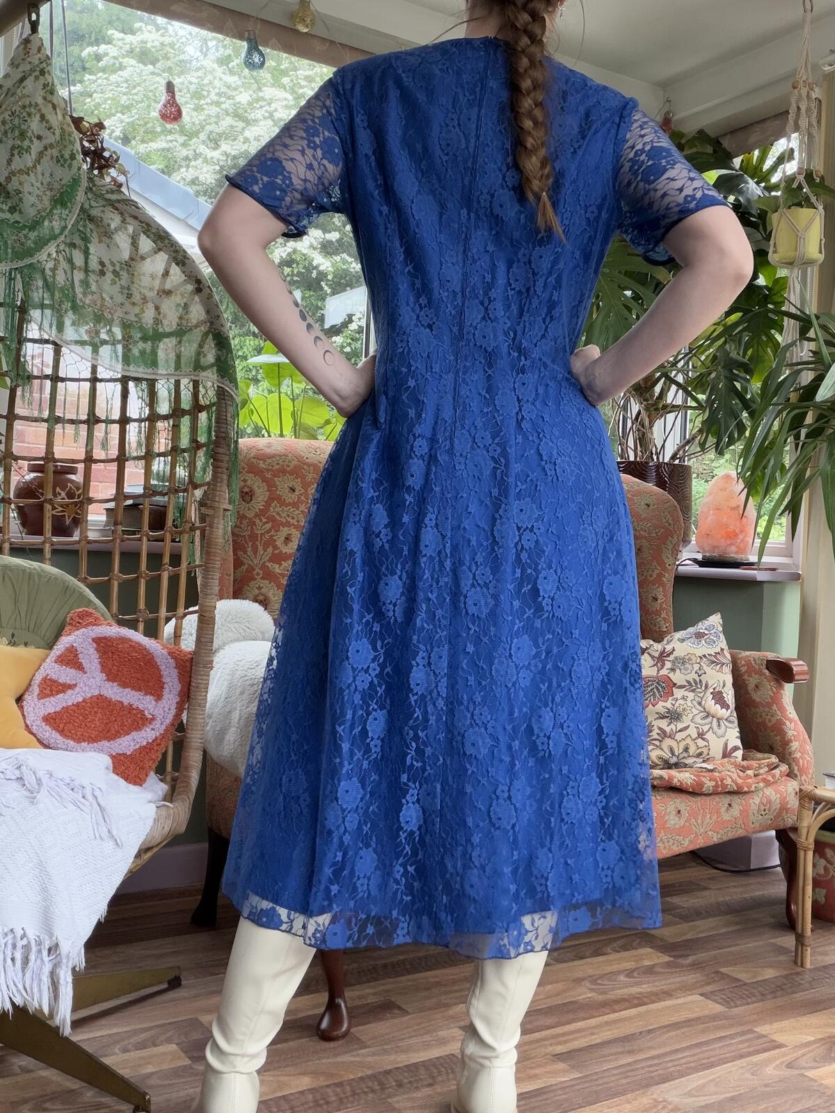 Vintage 1980s Party Dress Blue Lace Midi with V-Neck and Sheer Sleeves The Cosmic Caravan Vintage 1980s Party Dress Blue Lace Midi with V-Neck and Sheer Sleeves The Cosmic Caravan