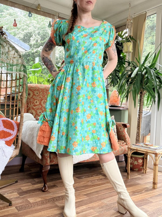 Vintage 1980s Cottagecore Dress Floral Midi Summer with Ruffle Detail Size 12