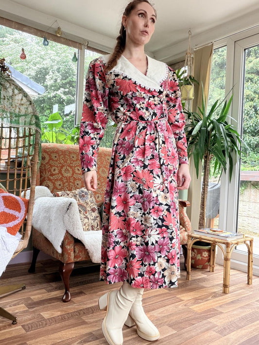 Vintage 1980s Floral Dress Long Sleeve Midi Dress with White Collar Size 12