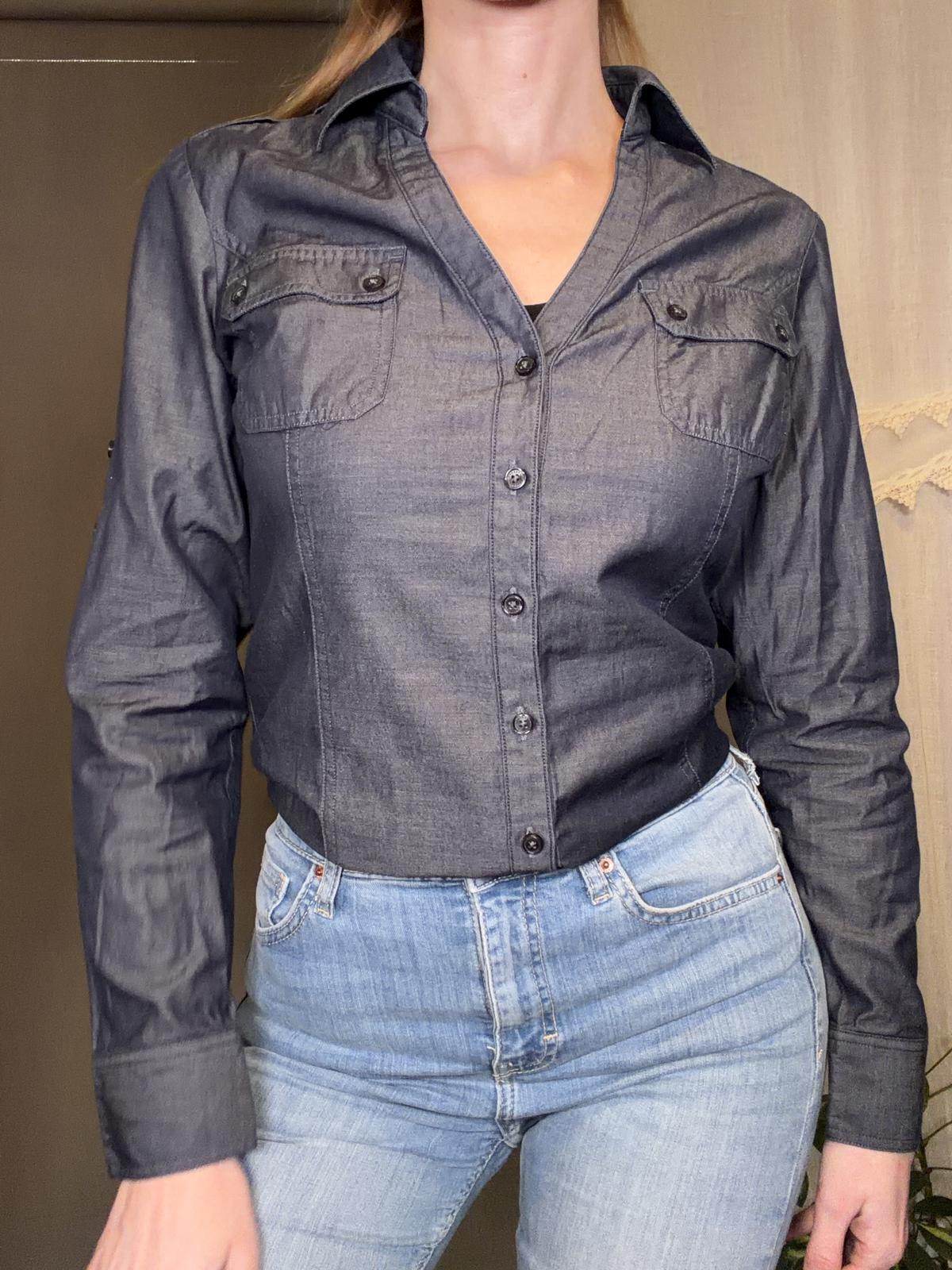 Vintage Y2K Denim Shirt Long Sleeve Button Up Blouse with Chest Pockets 10 12