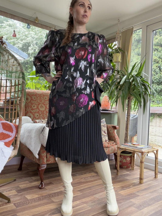 Vintage 1980s Dress Black Floral Asymmetric Pleated Dress with Top Layer Size 18