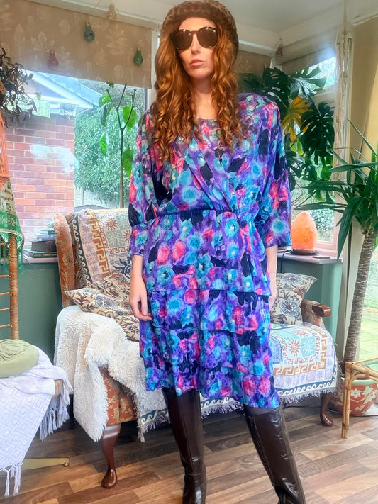 Vintage 1980s Floral dress blue size 12 By C&A retro layered Midi Dress