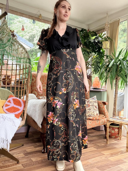 Vintage 1960s Maxi Dress Black Floral Long Summer Dress Ruffle Detail Size 16