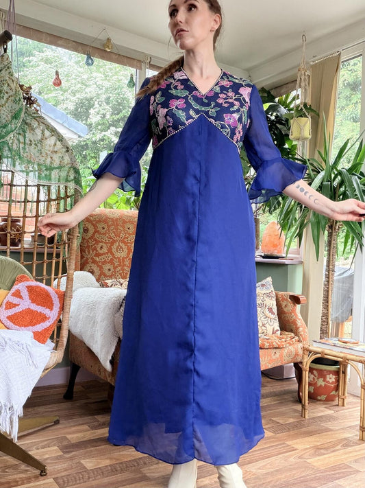 Vintage 1980s Maxi Dress with Floral Embroidery and Sheer Sleeves Blue Size 18
