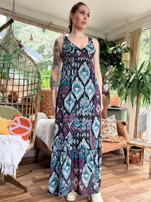 Boho Sleeveless Maxi Dress with Geometric Print Summer Festival Dress Size 8