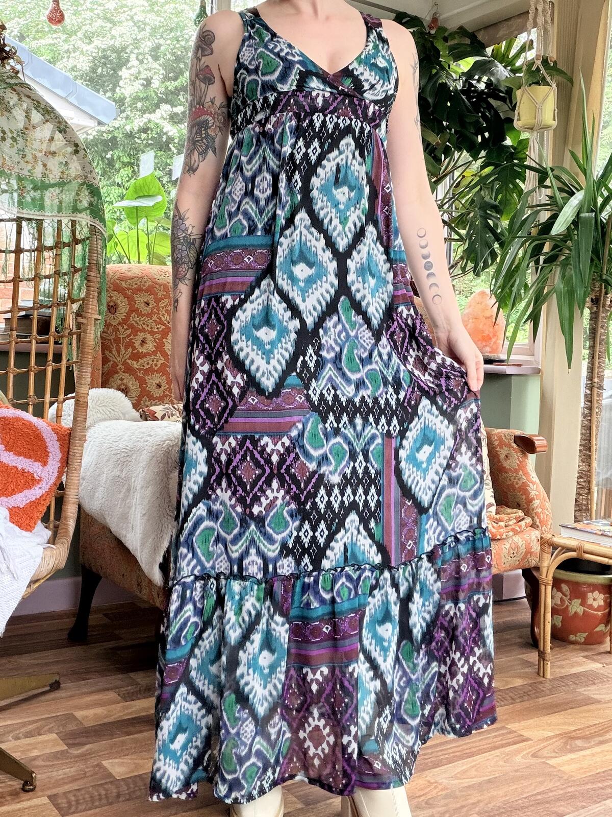 Boho Sleeveless Maxi Dress with Geometric Print Summer Festival Dress Size 8