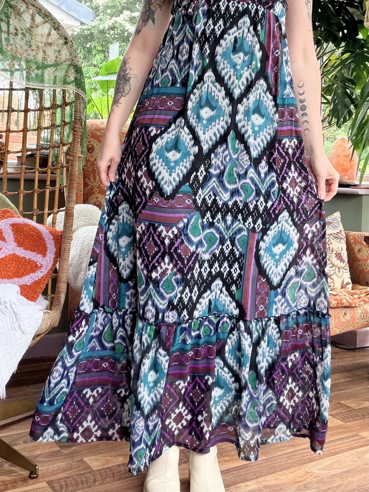 Boho Sleeveless Maxi Dress with Geometric Print Summer Festival Dress Size 8