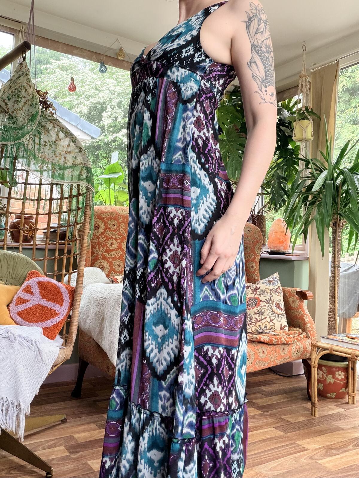 Boho Sleeveless Maxi Dress with Geometric Print Summer Festival Dress Size 8