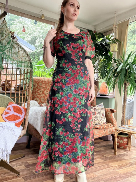 Vintage 1970s Maxi Dress Vera Mont Black Floral Puff Sleeve Long Dress Size 12
