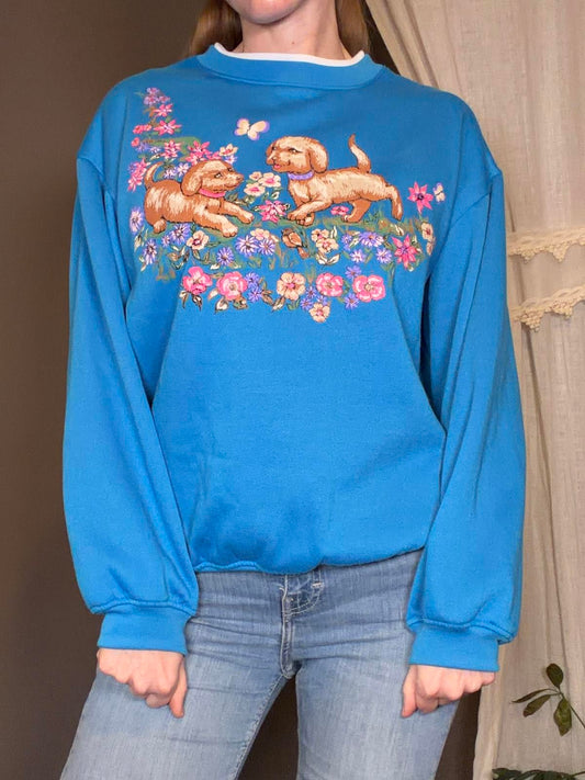 Vintage 1990s Blue Jumper Size 10 12  Sweatshirt Cottagecore Puppies Flowers