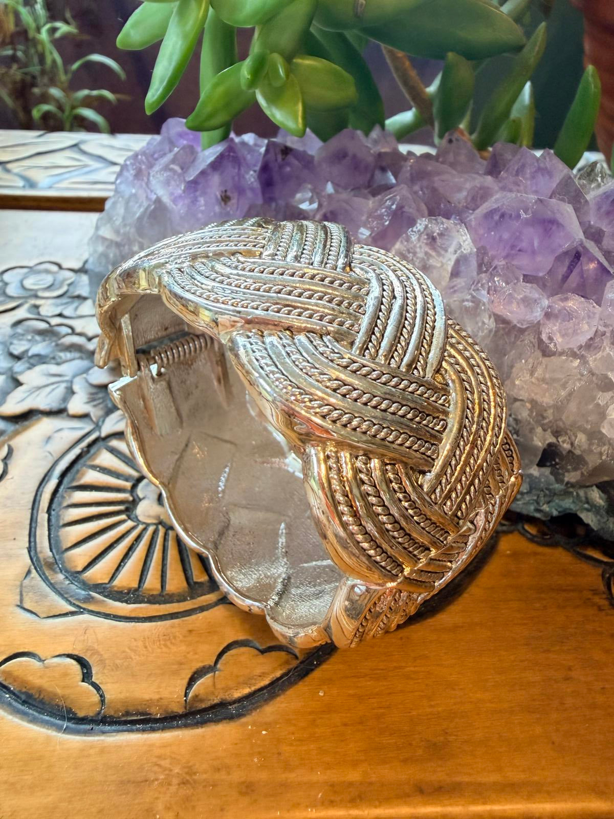 Vintage Braided cuff bracelet silver toned spring Hinged clasp Bangle