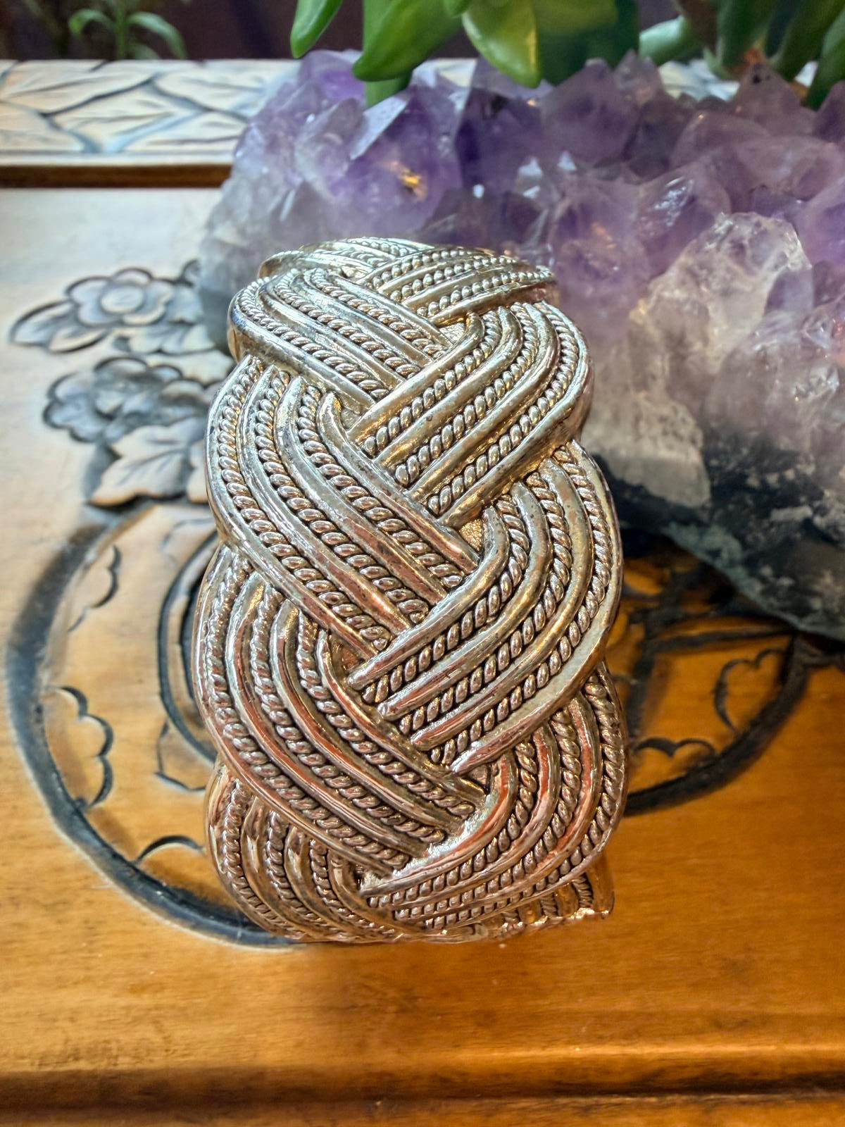 Vintage Braided cuff bracelet silver toned spring Hinged clasp Bangle
