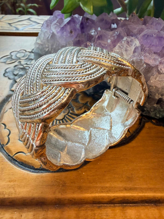 Vintage Braided cuff bracelet silver toned spring Hinged clasp Bangle