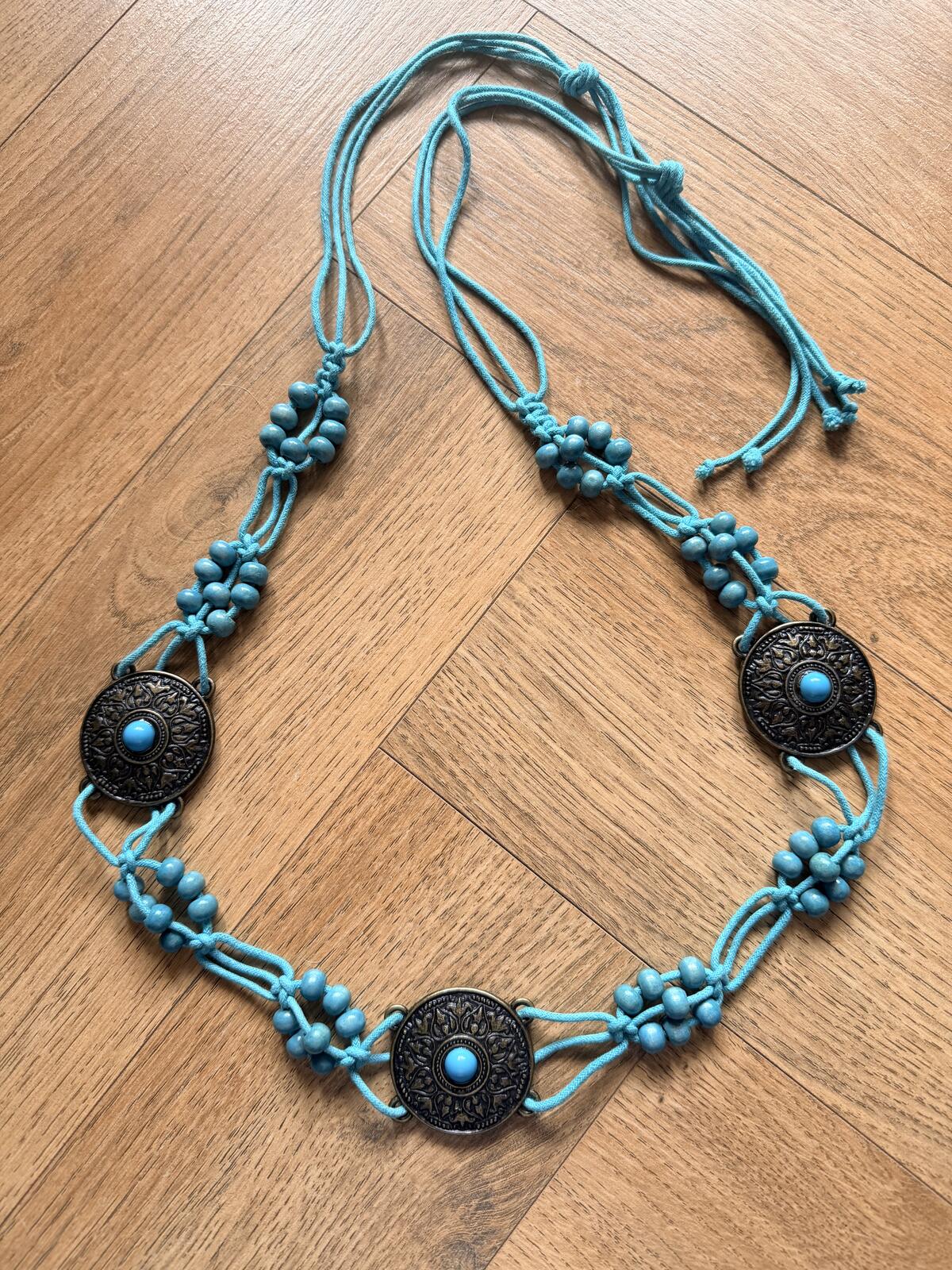 Vintage Bohemian Turquoise Beaded Belt with Ornate Metal Medallions