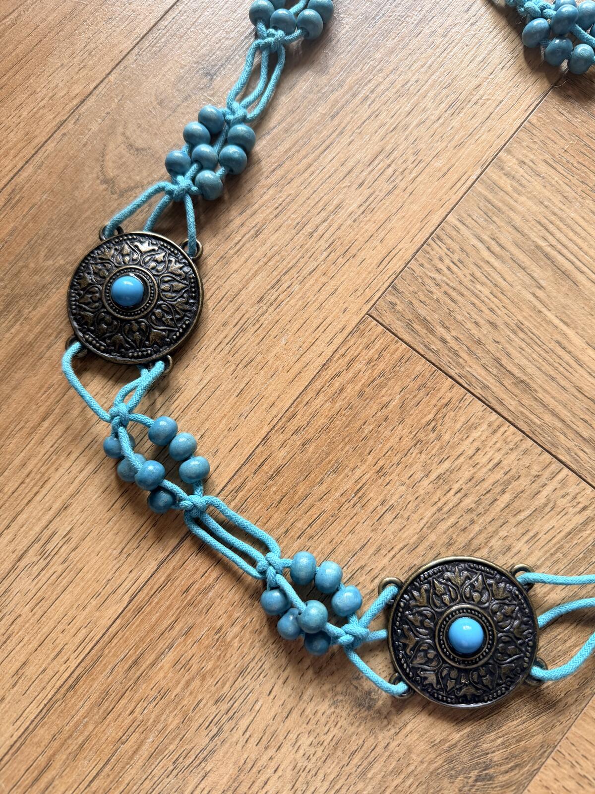 Vintage Bohemian Turquoise Beaded Belt with Ornate Metal Medallions