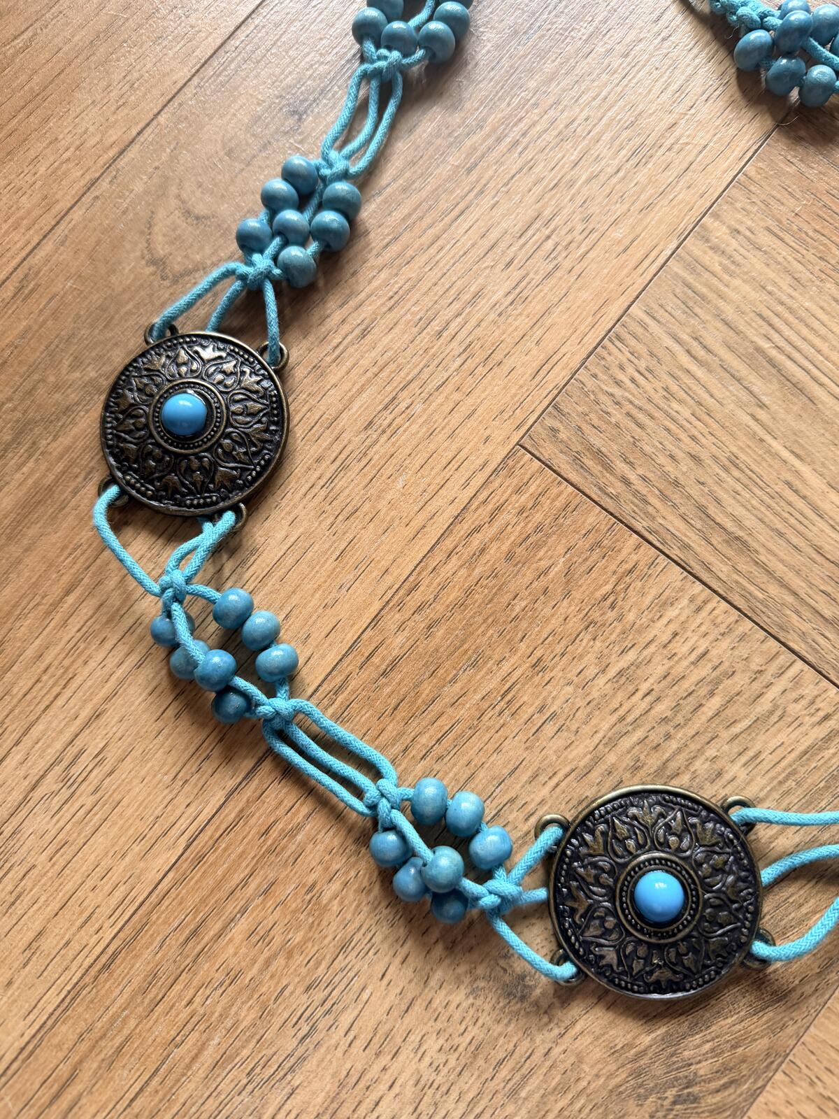 Vintage Bohemian Turquoise Beaded Belt with Ornate Metal Medallions
