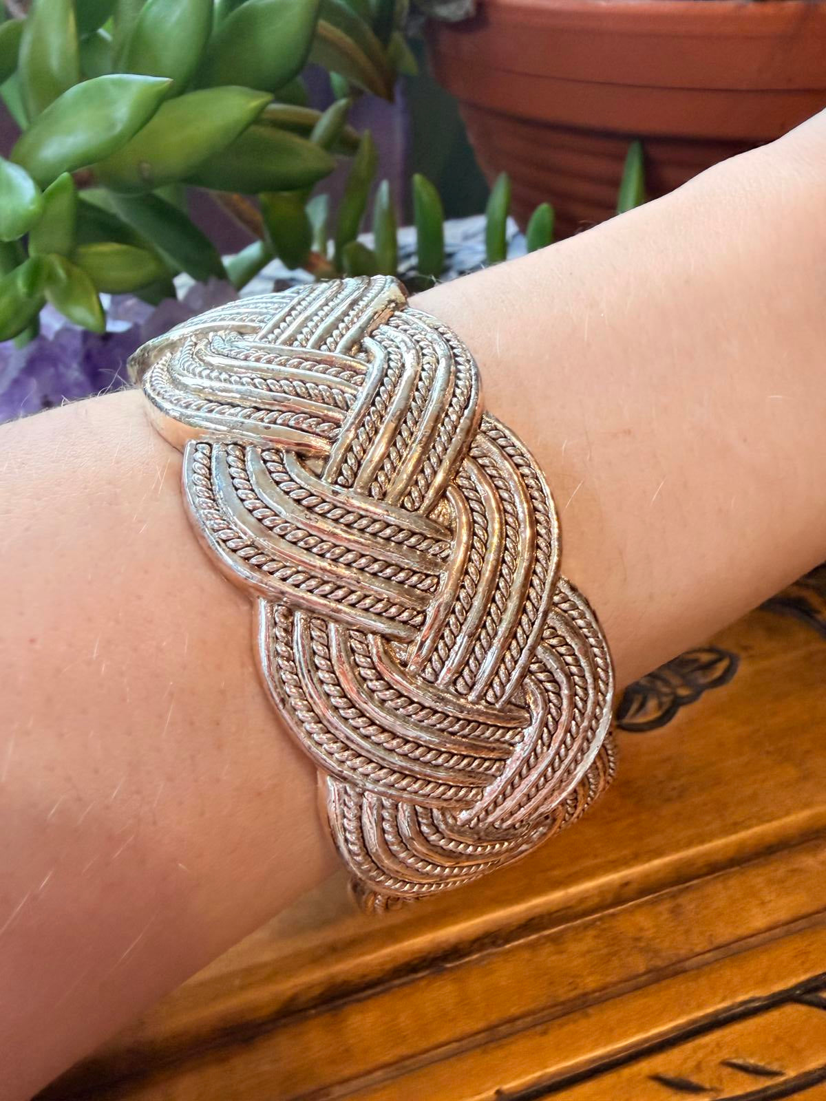 Vintage Braided cuff bracelet silver toned spring Hinged clasp Bangle