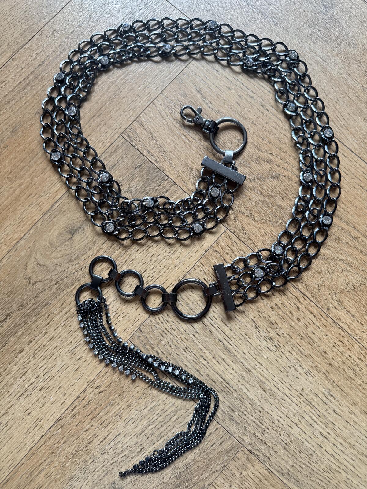 Black Multi Chain Metal Belt with Rhinestone Detailing and Tassel Accent