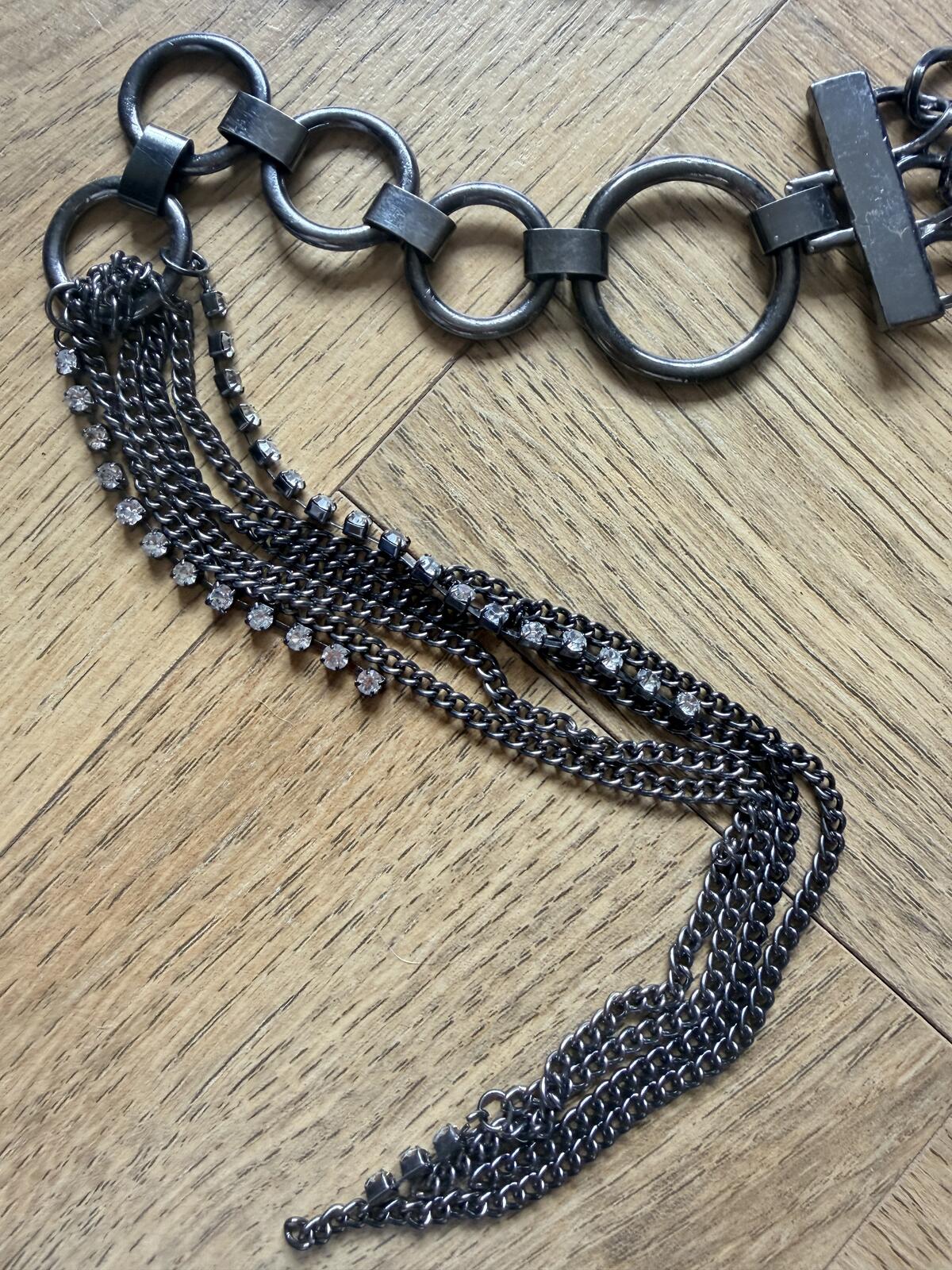 Black Multi Chain Metal Belt with Rhinestone Detailing and Tassel Accent