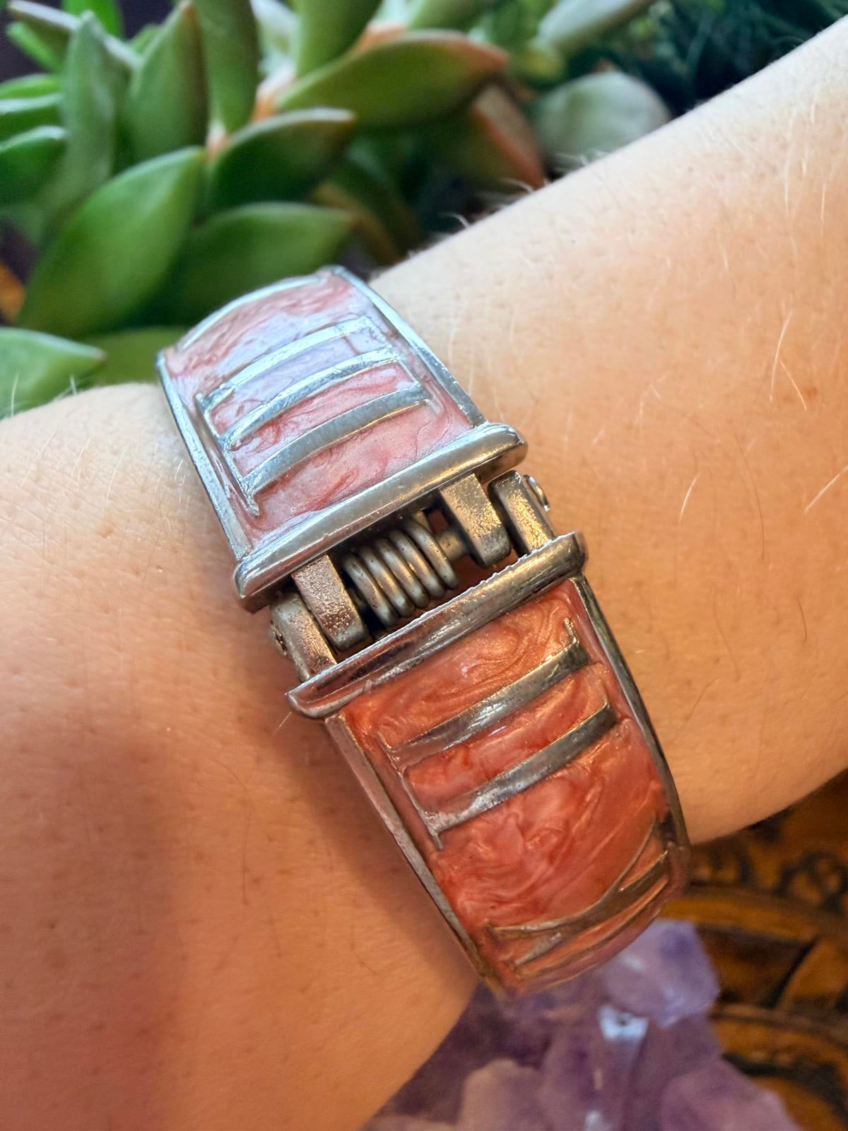 Vintage bangle bracelet Roman Numeral Inlay silver and pink hinged spring clasp