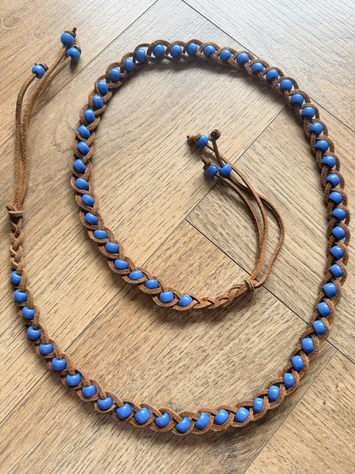 Brown Suede Braided Belt with Blue Beads hippie boho style