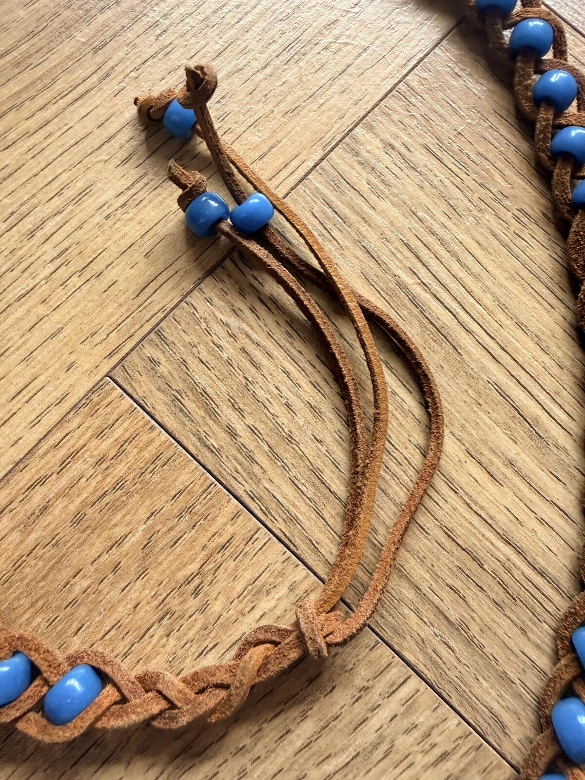 Brown Suede Braided Belt with Blue Beads hippie boho style