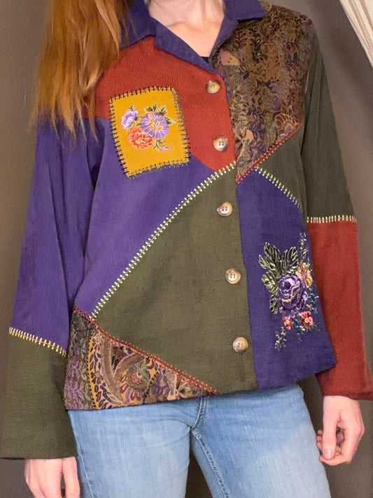 Vintage 1990s Patchwork Cardigan Button Up Jumper Shirt with Floral Embroidery S