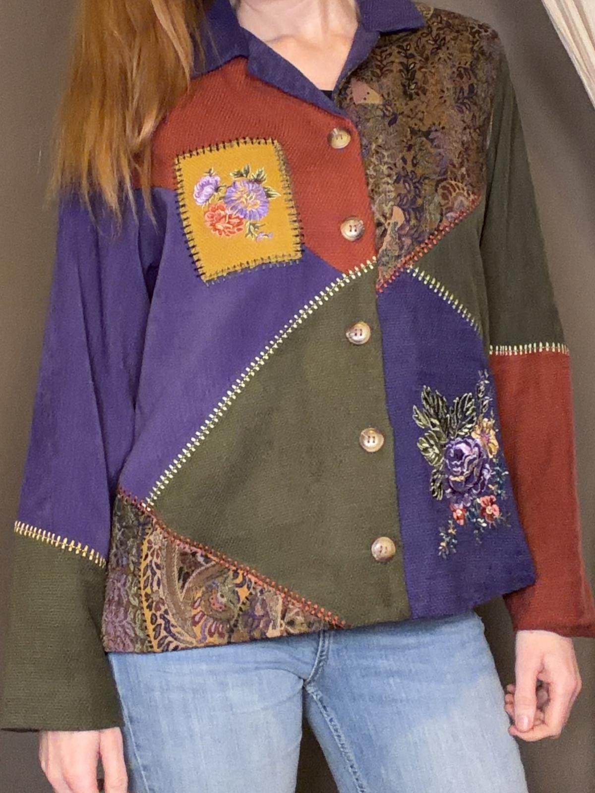 Vintage 1990s Patchwork Cardigan Button Up Jumper Shirt with Floral Embroidery S