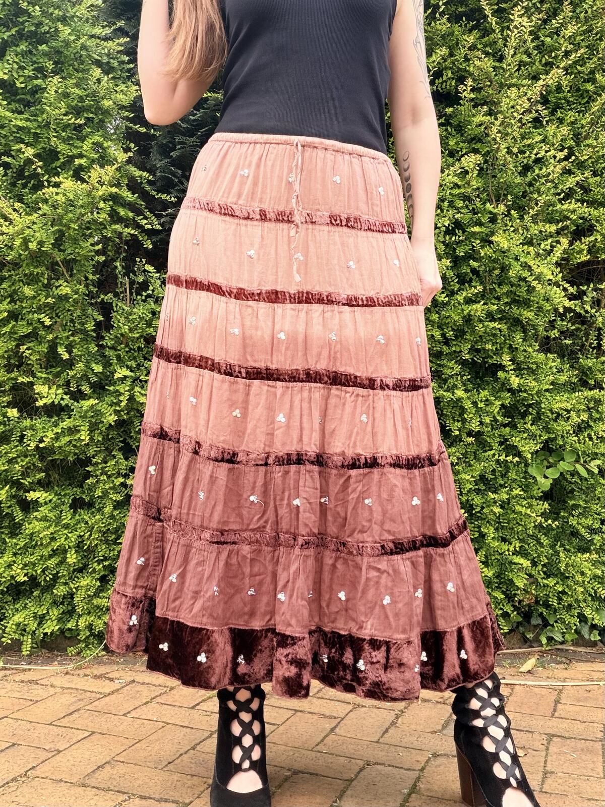 Vintage Y2K Hippie Skirt Boho Whimsigoth Velvet Trim Midi Skirt Size 10