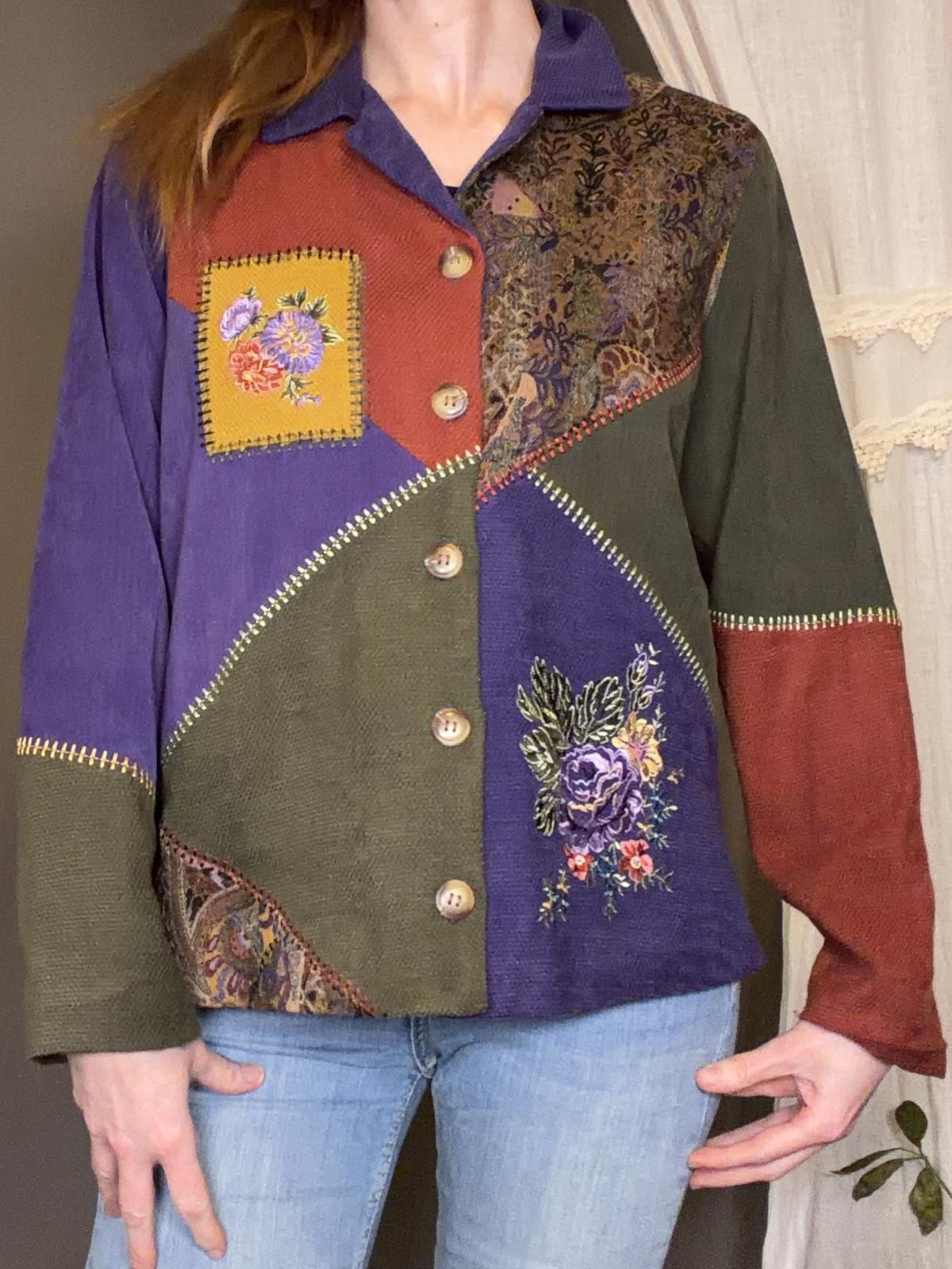 Vintage 1990s Patchwork Cardigan Button Up Jumper Shirt with Floral Embroidery S