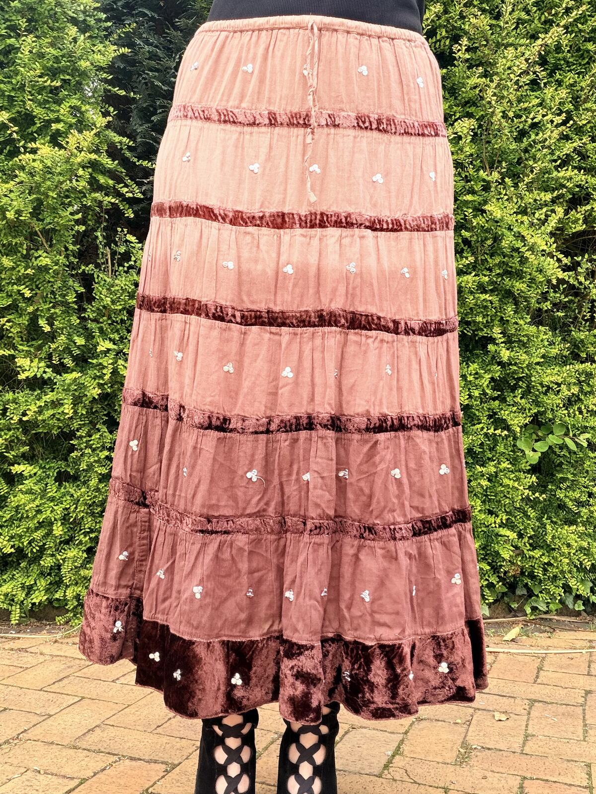 Vintage Y2K Hippie Skirt Boho Whimsigoth Velvet Trim Midi Skirt Size 10