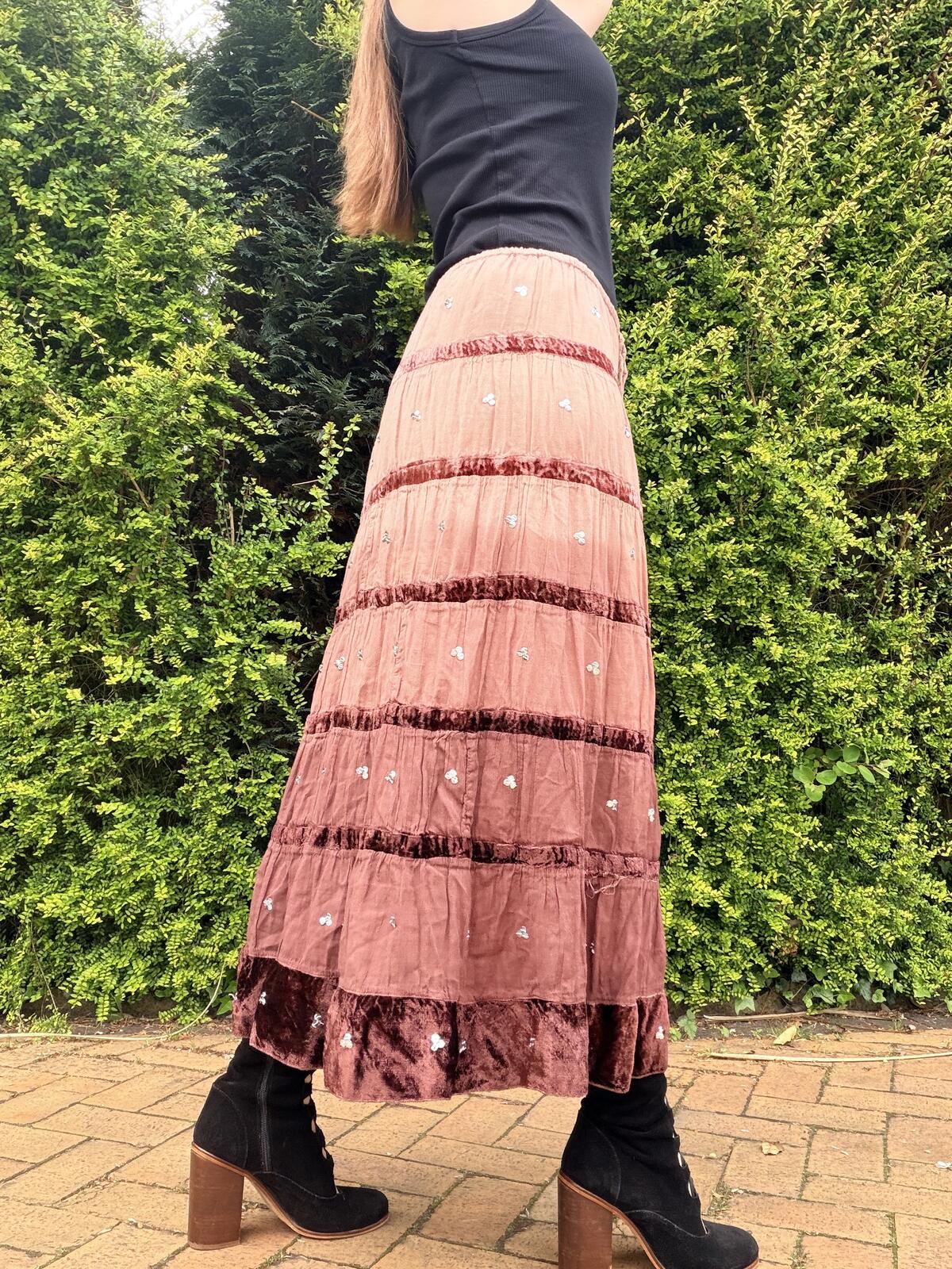 Vintage Y2K Hippie Skirt Boho Whimsigoth Velvet Trim Midi Skirt Size 10
