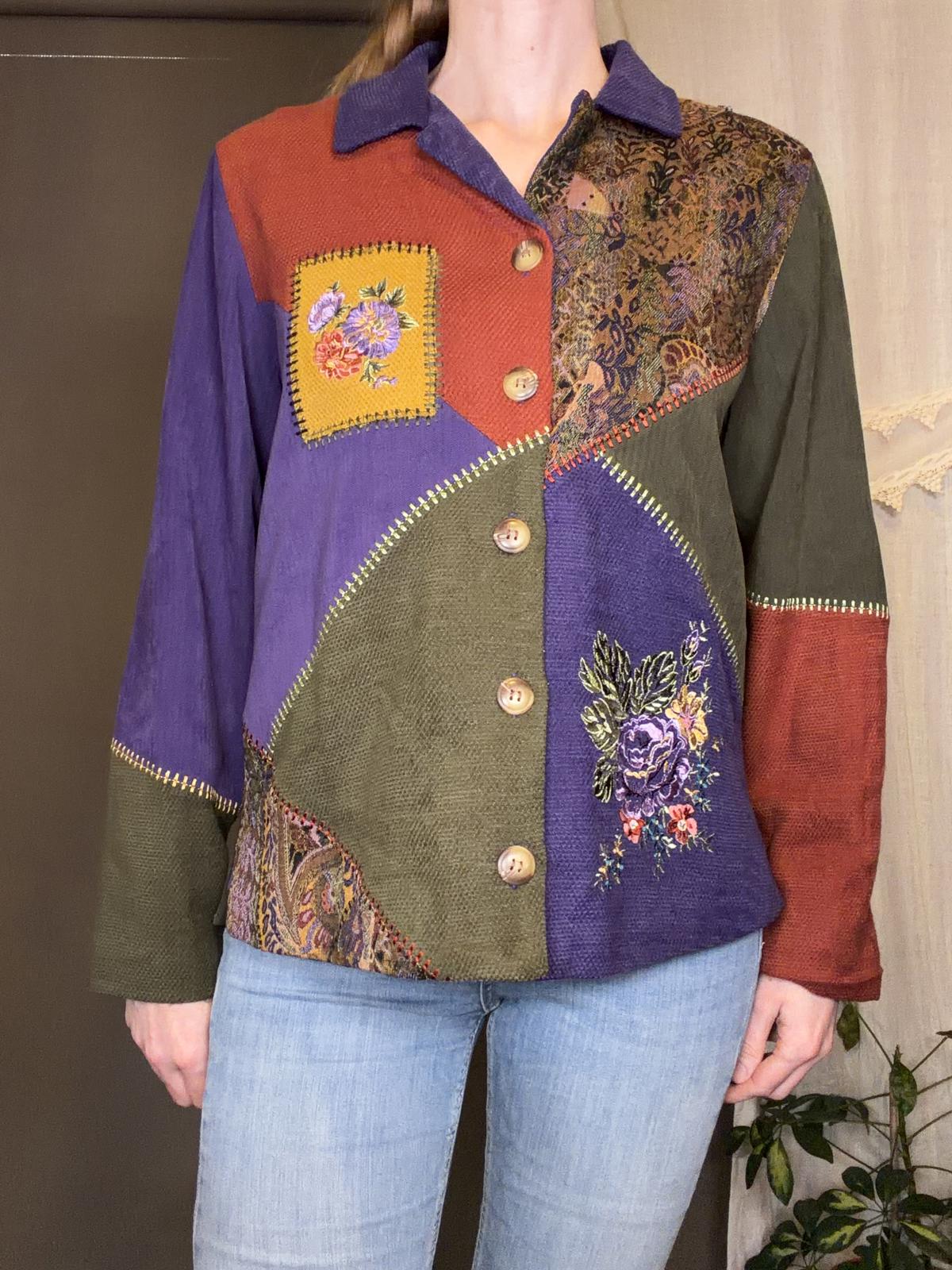 Vintage 1990s Patchwork Cardigan Button Up Jumper Shirt with Floral Embroidery S
