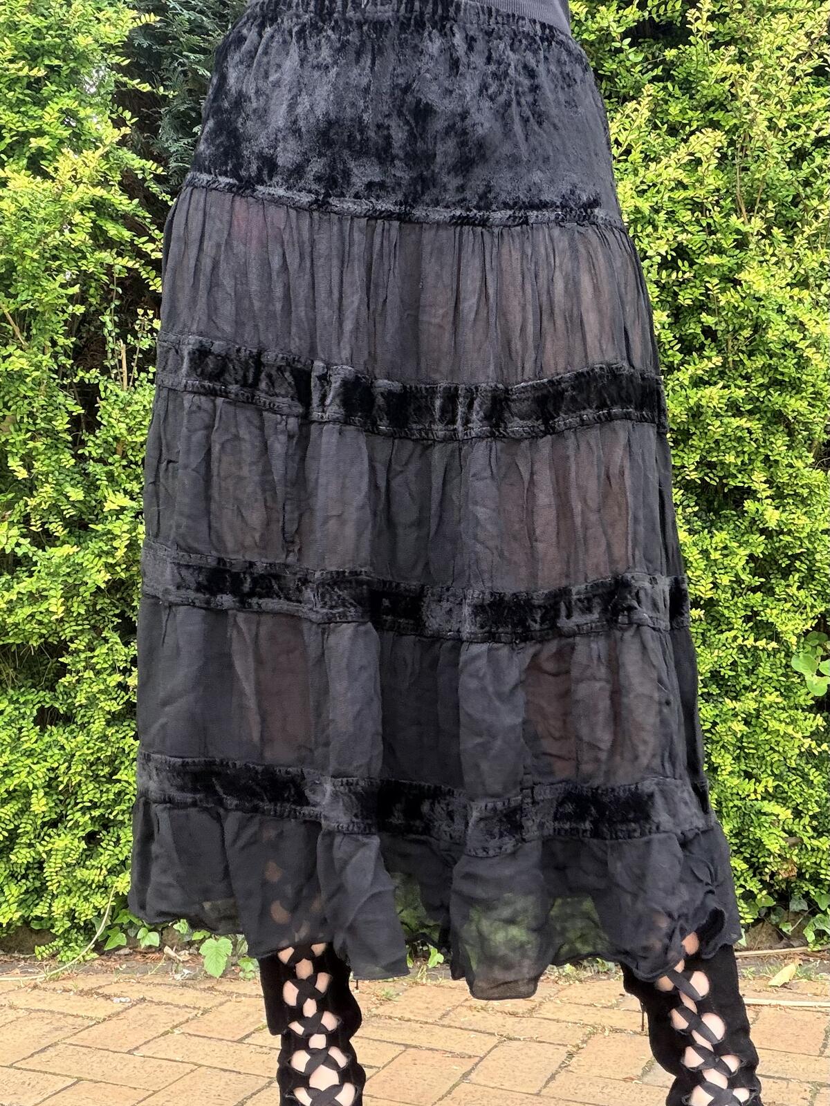 vintage 1990s Whimsigoth Skirt Black Sheer Tiered Midi Velvet Skirt Size 12