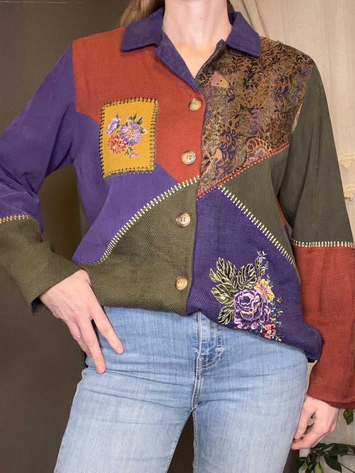 Vintage 1990s Patchwork Cardigan Button Up Jumper Shirt with Floral Embroidery S