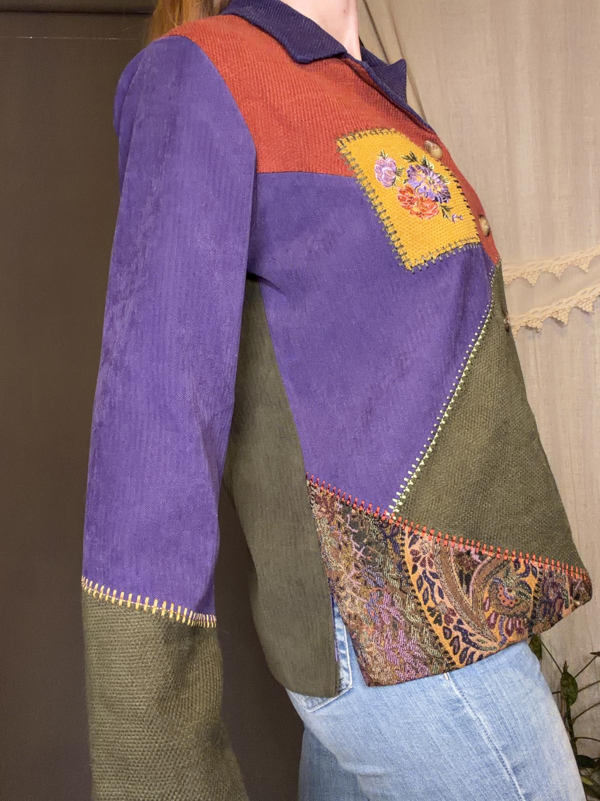 Vintage 1990s Patchwork Cardigan Button Up Jumper Shirt with Floral Embroidery S