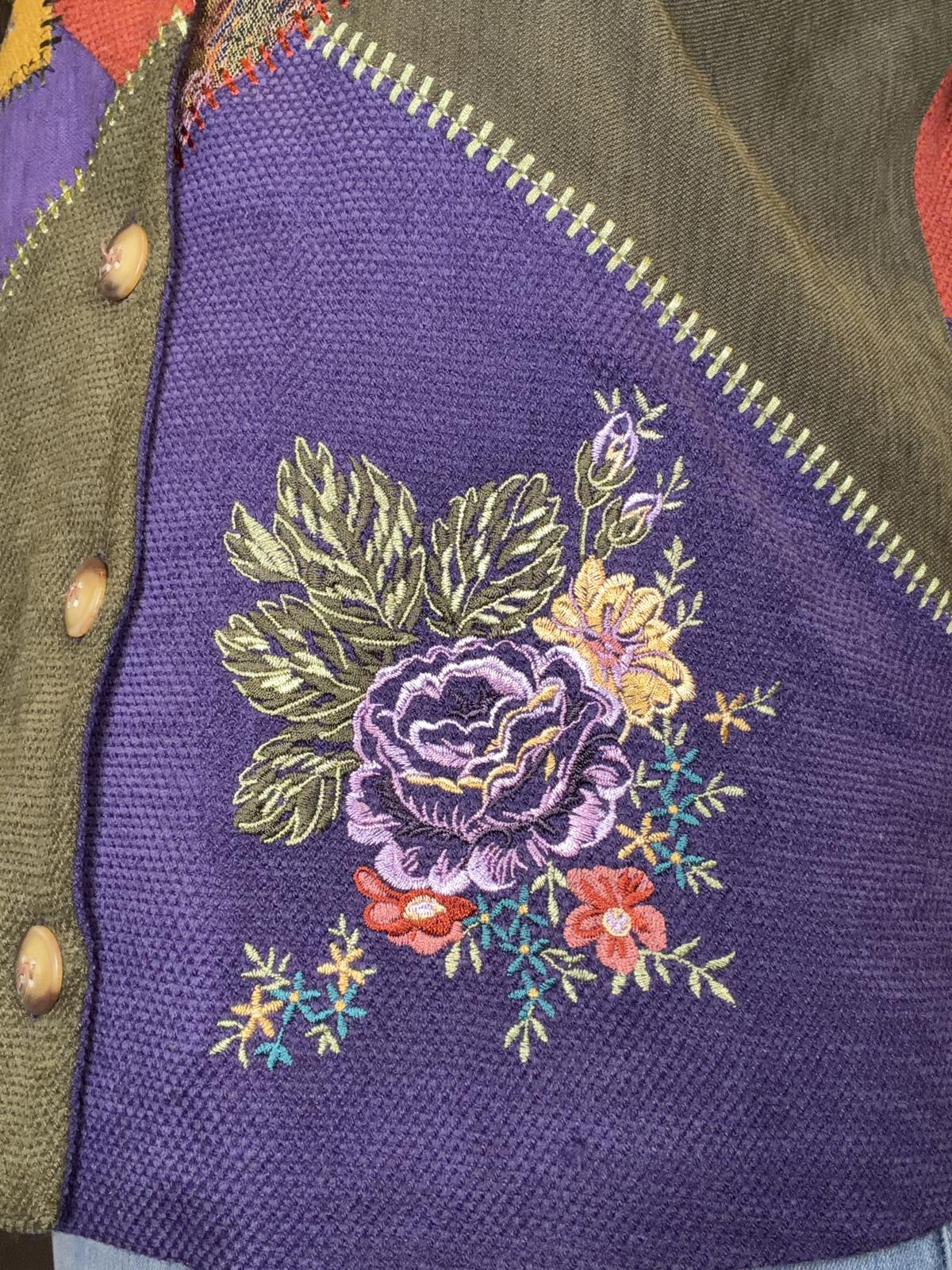Vintage 1990s Patchwork Cardigan Button Up Jumper Shirt with Floral Embroidery S