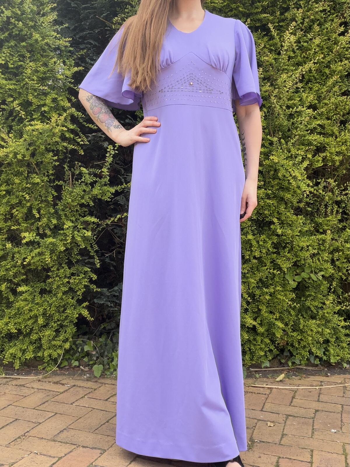 Vintage 1960s Maxi Dress with Embellished Waist and Flared sleeves Size 16