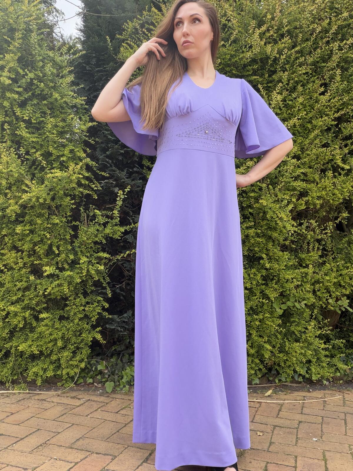 Vintage 1960s Maxi Dress with Embellished Waist and Flared sleeves Size 16