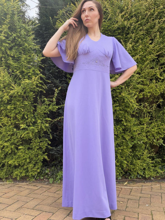 Vintage 1960s Maxi Dress with Embellished Waist and Flared sleeves Size 16