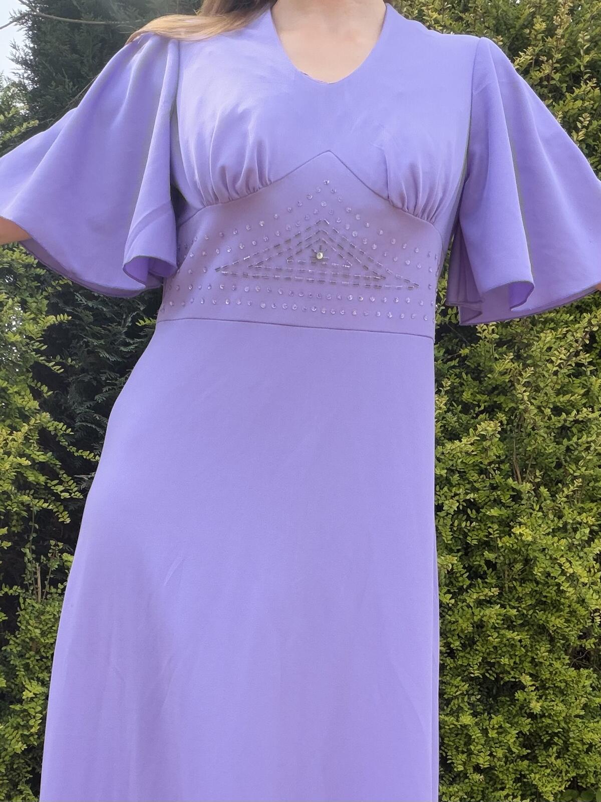 Vintage 1960s Maxi Dress with Embellished Waist and Flared sleeves Size 16