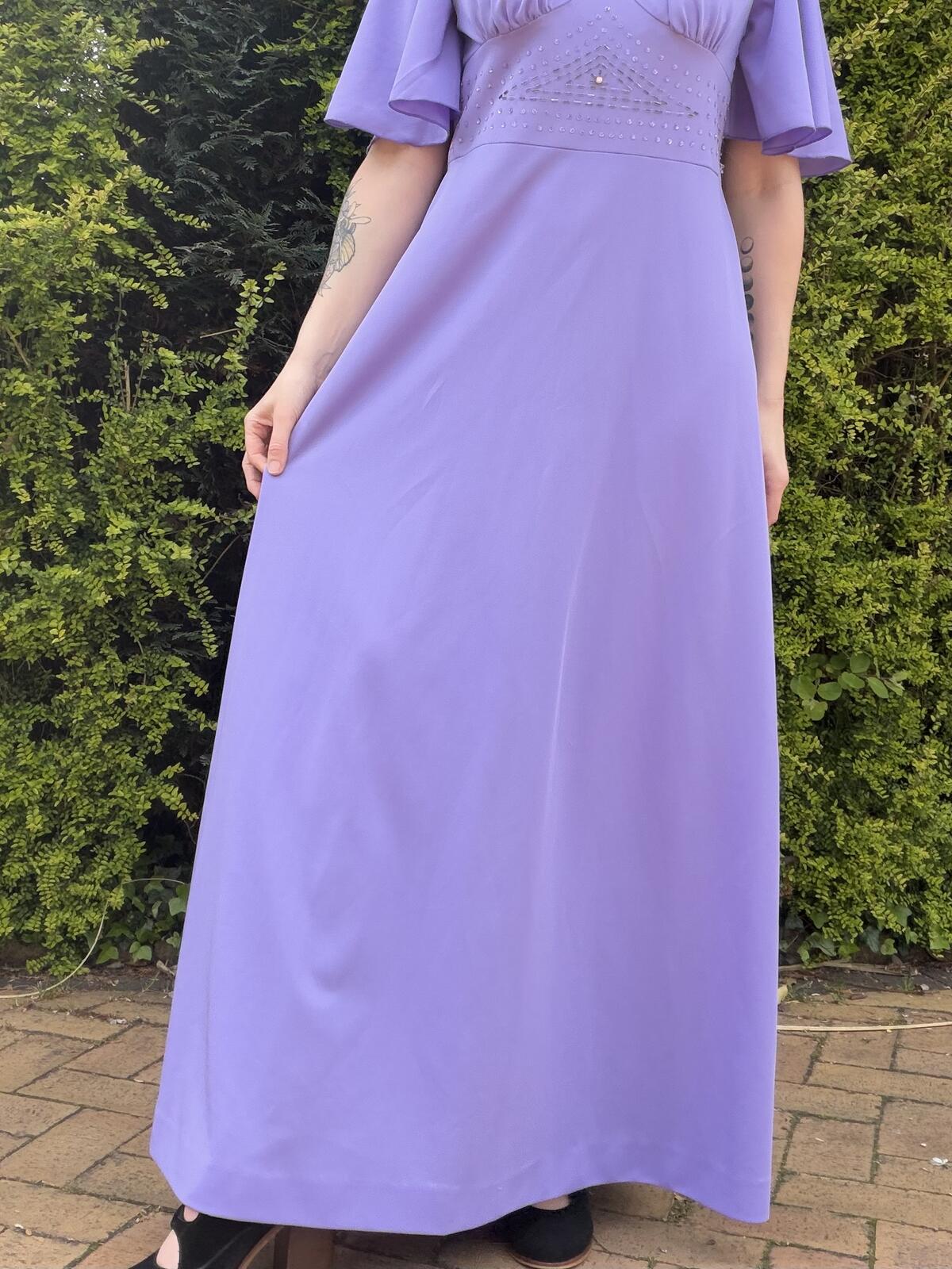 Vintage 1960s Maxi Dress with Embellished Waist and Flared sleeves Size 16