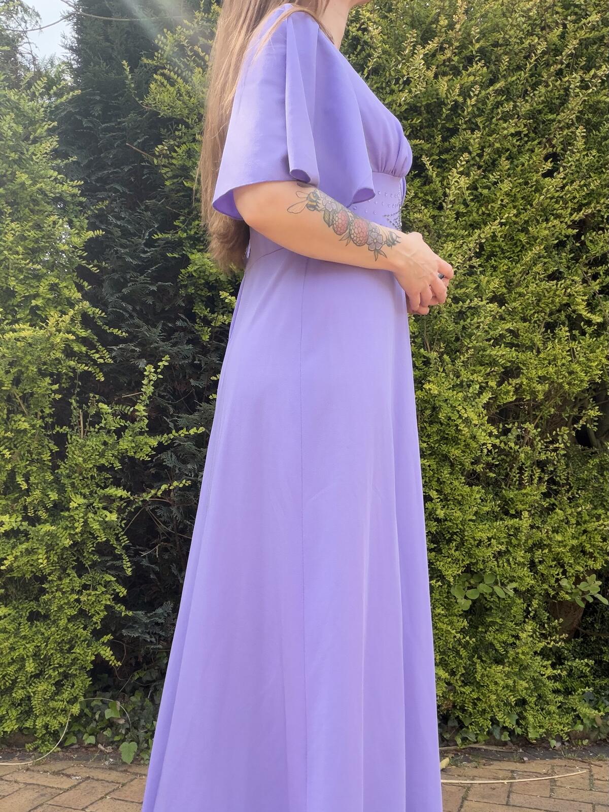 Vintage 1960s Maxi Dress with Embellished Waist and Flared sleeves Size 16