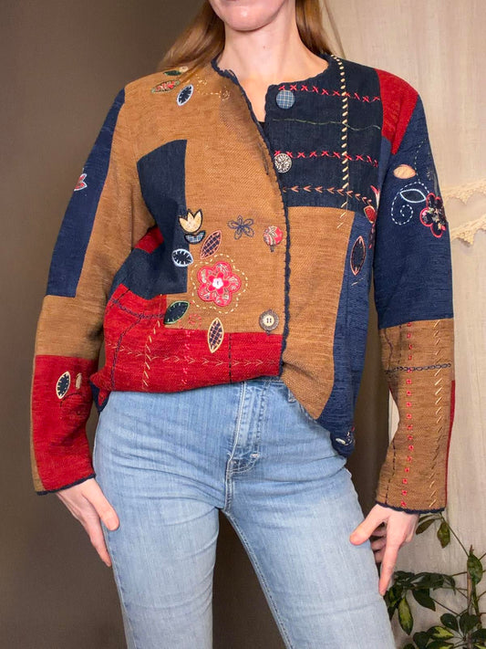 Vintage 1990s Patchwork Jacket Embroidered Button Up Cottagecore Shirt Size 12