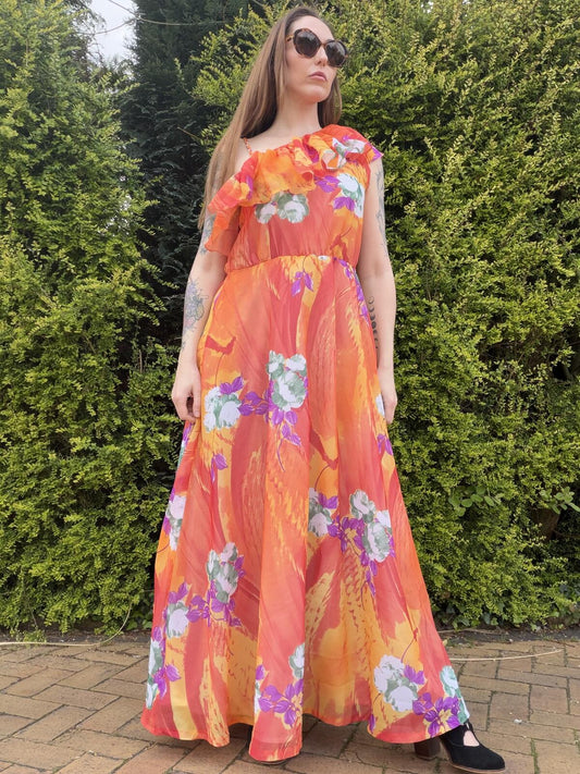 Vintage 1970s Maxi Dress Orange Floral One Shoulder Long Dress with Ruffles12