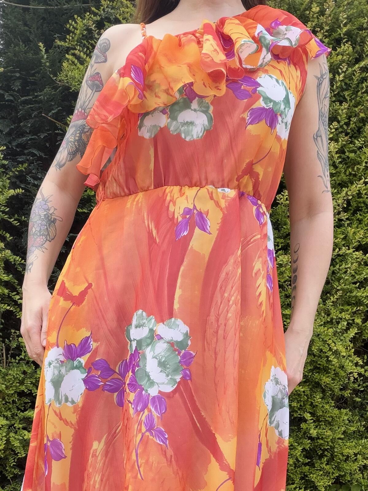 Vintage 1970s Maxi Dress Orange Floral One Shoulder Long Dress with Ruffles12