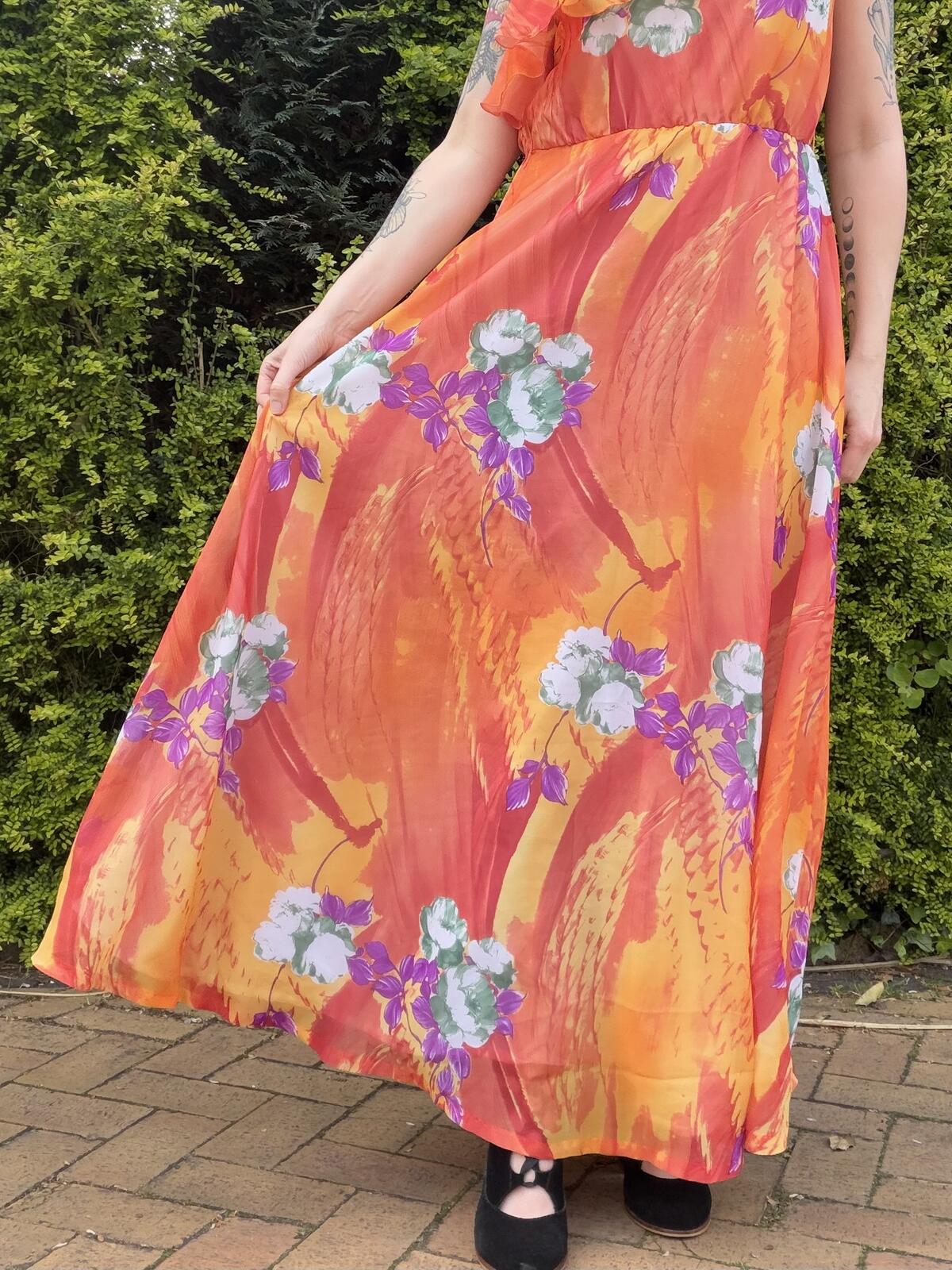Vintage 1970s Maxi Dress Orange Floral One Shoulder Long Dress with Ruffles12