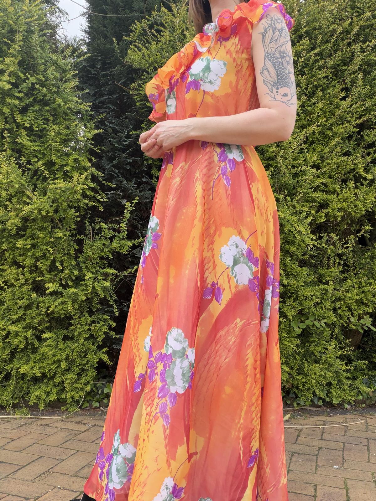 Vintage 1970s Maxi Dress Orange Floral One Shoulder Long Dress with Ruffles12